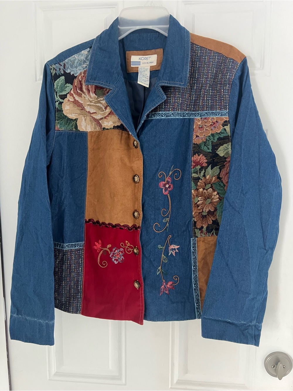 Vintage Koret City Blues Patchwork Denim Tapestry Jacket Women’s Boho L # 903
